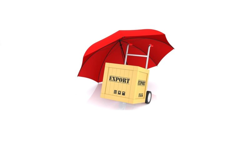 Hand Truck Export Box and Red Umbrella. 3D Rendering